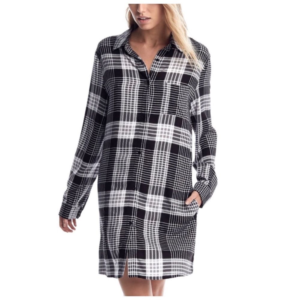 NWOT Donna Karan Black White Plaid Soft Sleep shirt  Sz L